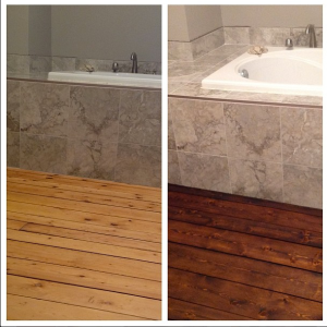  1. Progress! We sanded, repaired and stained the master bath floors.